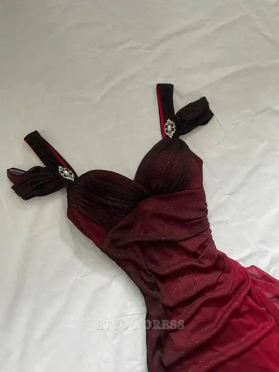A Line Shiny Ruffled Burgundy Long formal dresses Bridesmaid Dresses evening gown Prom Dress
